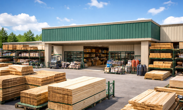 Lumber yard under bright skies