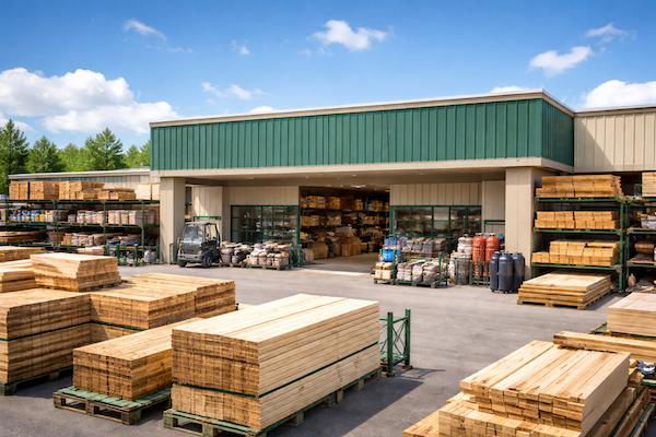 Lumber yard under bright skies